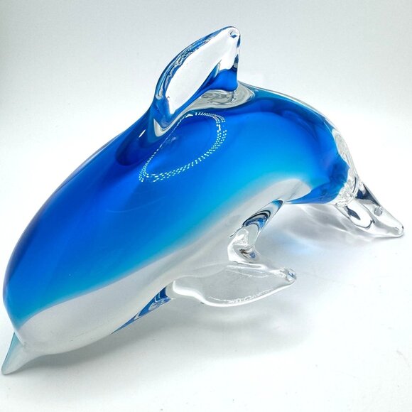 Hand Blown Art Glass Dolphin Figurine Clear Blue & White 6.25" Home Decor - Picture 5 of 7